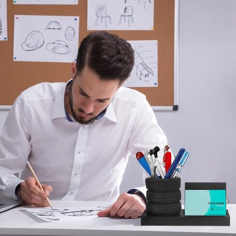 7 PCS Tyre Shape Stationery Set Wooden Tyre Pen Pen Business حامل بطاقة العمل المكتبية المكتبية المنظمة أداة مضحكة للسيارات المكتب للرجال لعشاق السيارات الميكانيكية (براون) in Kuwait