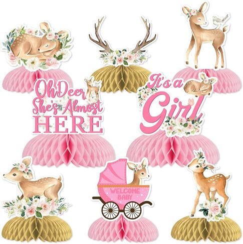 JOYMEMO 8Pcs Deer Baby Shower Honeycomb Centerpieces, Pink Oh Deer She's Almost Here with It’s a Girl Floral Table Centerpieces for Newborn Girl Baby Shower Gender Reveal Party in Kuwait