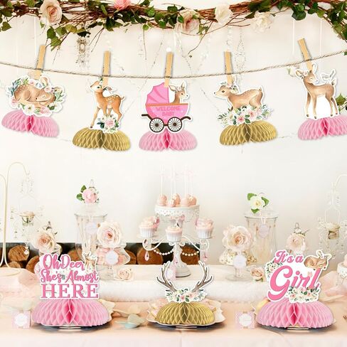 JOYMEMO 8Pcs Deer Baby Shower Honeycomb Centerpieces, Pink Oh Deer She's Almost Here with It’s a Girl Floral Table Centerpieces for Newborn Girl Baby Shower Gender Reveal Party in Kuwait