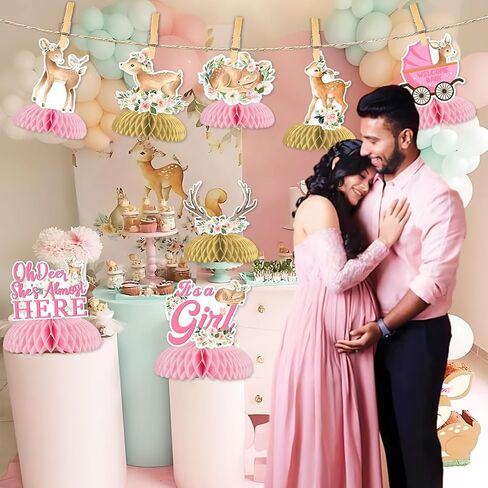 JOYMEMO 8Pcs Deer Baby Shower Honeycomb Centerpieces, Pink Oh Deer She's Almost Here with It’s a Girl Floral Table Centerpieces for Newborn Girl Baby Shower Gender Reveal Party in Kuwait