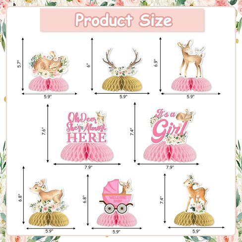 JOYMEMO 8Pcs Deer Baby Shower Honeycomb Centerpieces, Pink Oh Deer She's Almost Here with It’s a Girl Floral Table Centerpieces for Newborn Girl Baby Shower Gender Reveal Party in Kuwait