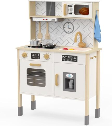 Freniland Wooden Play Kitchen Kids Kitch Kitchen Playset مع ضوء حقيقي وصوت صانع الجليد واقعية للموقد ، Oven Chef Printend Toy Toy Kitchen ، ويشمل 31 إكسسوارات هدية للأطفال للطفل الذين تتراوح أعمارهم بين 3 سنوات من الأثاث in Kuwait
