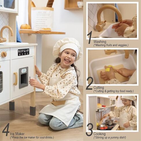 Freniland Wooden Play Kitchen Kids Kitch Kitchen Playset مع ضوء حقيقي وصوت صانع الجليد واقعية للموقد ، Oven Chef Printend Toy Toy Kitchen ، ويشمل 31 إكسسوارات هدية للأطفال للطفل الذين تتراوح أعمارهم بين 3 سنوات من الأثاث in Kuwait