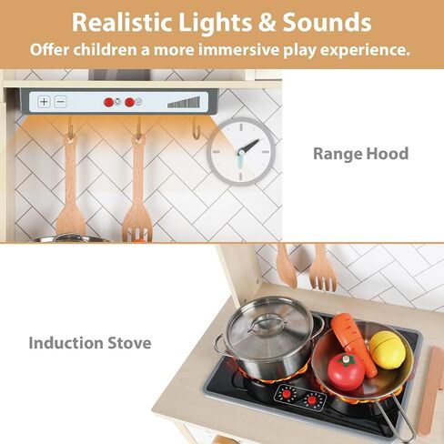 Freniland Wooden Play Kitchen Kids Kitch Kitchen Playset مع ضوء حقيقي وصوت صانع الجليد واقعية للموقد ، Oven Chef Printend Toy Toy Kitchen ، ويشمل 31 إكسسوارات هدية للأطفال للطفل الذين تتراوح أعمارهم بين 3 سنوات من الأثاث in Kuwait