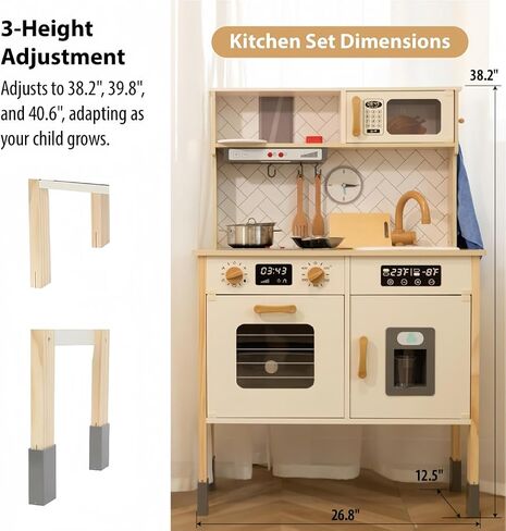 Freniland Wooden Play Kitchen Kids Kitch Kitchen Playset مع ضوء حقيقي وصوت صانع الجليد واقعية للموقد ، Oven Chef Printend Toy Toy Kitchen ، ويشمل 31 إكسسوارات هدية للأطفال للطفل الذين تتراوح أعمارهم بين 3 سنوات من الأثاث in Kuwait