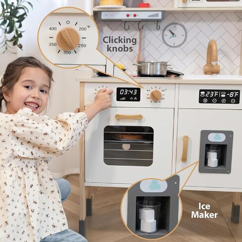 Freniland Wooden Play Kitchen Kids Kitch Kitchen Playset مع ضوء حقيقي وصوت صانع الجليد واقعية للموقد ، Oven Chef Printend Toy Toy Kitchen ، ويشمل 31 إكسسوارات هدية للأطفال للطفل الذين تتراوح أعمارهم بين 3 سنوات من الأثاث in Kuwait