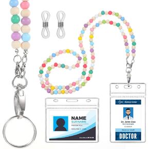 Grevosea Teacher Lanyard with ID Holder, Colorful Beaded Lanyards for ID Badges Retractable Badge Reel Badge Lanyards for Women Keys Glasses Chain Strap Card Holder
