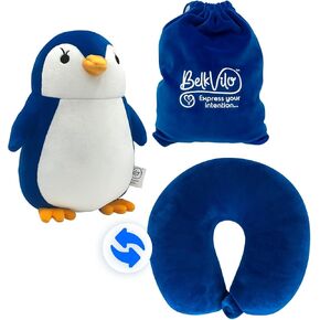 2-in-1 Plush, Travel Pillow for Kids – Converts from Plush Penguin to Neck Pillow – Soft Support for Airplane, Car & Stroller – Medium 12 in – Pink
