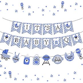 Cheereveal Baby Q Shower Decorations - Baby Q Banner, BBQ Party Supplies and Decorations for Boys Blue Barbecue Baby Shower Decor