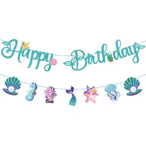 Mermaid Happy Birthday Banner - Under The Sea Party Decorations With Shell, Coral, Tail, Jellyfish Sparkle - Baby Shower Decorations for Girls