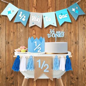 1/2 Birthday Boy Half Birthday Decorations – 4PCS Blue 6 Month Party Set with 1/2 Way to One Banner, Halfway High Chair Banner, Cake Topper and Hat for 6 Month Baby Boy Photo Shoot Decor