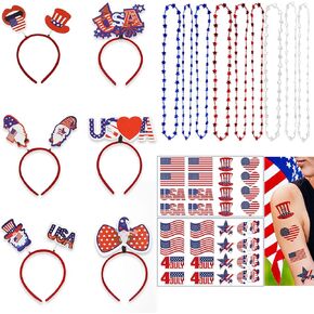 4th of July Accessories Decorations 47 Pcs Patriotic Party Favors Supplies - 6 Headbands, 9 Star Necklaces, 32 Temporary Tattoos for Fourth of July Party Decorations, Independence Day, Memorial Day
