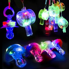 PROLOSO 20 PCS Light up Flashing Whistles Glow in the Dark Party Supplies Include 10 Pacifier Whistles and 10 Round Whistles with Lanyard