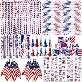 132 PCS Patriotic Party Favors 4th of July Accessories American Flags Glasses Bead Necklaces, Party Blowers,Tattoo Stickers,USA Flags and Slap Bracelets Red White Blue Independence Day for Kids Adults
