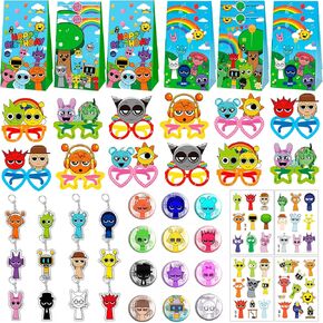 60Pcs Birthday Party Supplies Set - Included12 Pins,12 Keychains,12 gift bags,12 Pcs Temporary Tattoos Stickers,12 Eyeglass,Perfect Party Supplies for Fans and Boys