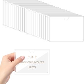 50 Pack Clear Adhesive Pockets, 3" X 5" Index Card Pockets with Top Open for Loading Index Card Holder, Clear Labels Plastic Labels Holders for Pantry Storage Bins, Drawer, Library Card