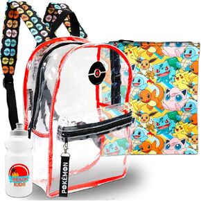 Nintendo Pokemon Clear Backpack Set - Bundle with 16" Pikachu Transparent Backpack Removable Laptop Pouch Plus Water Bottle | Pokemon Laptop Bag for Teens, Adults