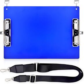 Aluminum Metal Clipboard with Detachable Adjustable Shoulder Strap A4 Double Clip Board Stainless Hangable w/Pen Holder Letter 9" x 12.6" for School Office Business Factory (Blue-with Strap, A4)