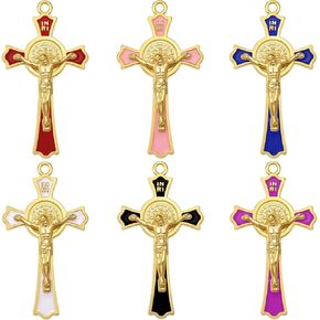 12Pieces 6Colors Metal Enamel Religion Saint Benedict Cross Charm Rosary Center INRI Crucifix Pendant for DIY Necklace Bracelets Key Chain Jewelry Making Supplies