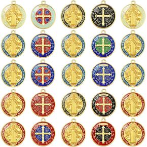 20Pcs Metal Enamel Round Medalla De San Benito Charm St Benedict Medals Cross Pendant Bulk for Keychain Home Protection Door Hanger Necklace DIY Jewelry Making