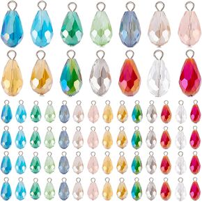 PH PandaHall 70pcs Faceted Teardrop Charms 14 Colors Transparent Glass Crystal Pendants, 20mm Glass Charms Beads Dangle Glass Pendants for Necklace Earring Bracelet Jewelry Craft Making