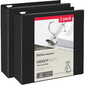 Office Depot® Heavy-Duty View 3 حلقات ، 3 "حلقات D ، أسود ، معاد تدوير 49 ٪ ، حزمة 2