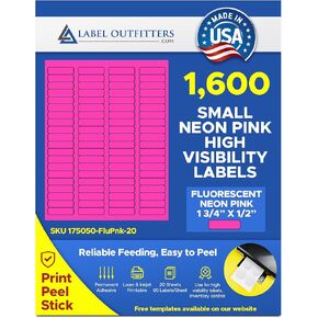 1,600 Label Outfitters Printable Fluorescent Neon Pink Return Address Laser Labels, 1.75" x 0.5", 20 Sheets