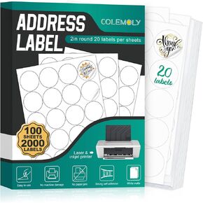 Colemoly Address Labels 2" Round for Laser and Inkjet Printers - 100 Sheets, 20 Labels Per Sheet 2000 Blank Matte White Sticker Paper for Organization, Labeling, Inventory Management, Product Branding