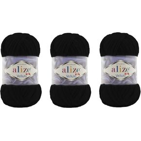 Alize Velluto 100% MicroPolyester Baby Blanket Yarn Lot of 3 skn 225 Yards 3x100gram, Yarn Weight: Super Bulky 6 (60 Black)