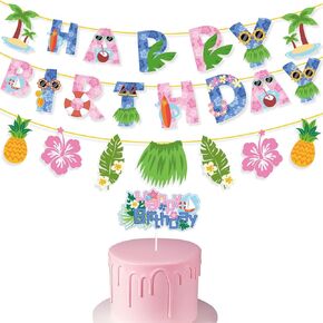 Hawaiian Happy Birthday Banner, with Happy Birthday Cake Topper Colorful Cartoon Decorations Vibrant for Summer Theme Party Baby Shower Party Decor