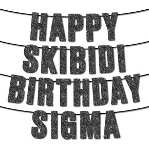Pre-Strung Happy Skibidi Birthday Sigma Black Glitter Banner, Funny Zoomer Gen Z Slang Birthday Party Supplies,Ideas, Gifts and Decoration（Sigma）