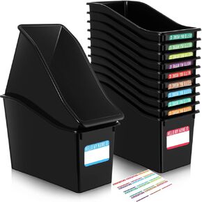 Fuutreo 12 Pcs Book Storage Bins with Labels Black Stackable Plastic Organizing Bins Plastic Folder Magazine File Holder for Classroom School Office Library Organization Containers Supplies