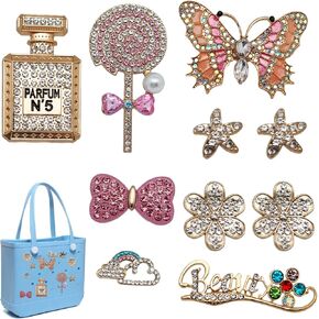 Charms for Bogg Bag, Butterfly Flowers Accessories Charms for Southern Beach Bag Totes, Rhinestone Crystal Jewelry Bag Insert for Beach Tote Bag, Women Gifts (10 pcs)