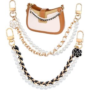 HJZHII Pearl Purse Chain Extender, 2 Pcs Purses Chains for Handbags Bag Strap Extenders for Handbag Purse Charms Flower Straps Charms Black Gold Metal Chain Double Chains Replacement Accessories