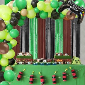 Video Game Birthday Party Decorations and Supplies, Includes Green Brown Balloon Garland Arch Kit, Backdrop, Table Cover, for Boys Girls Game theme Birthday Decorations