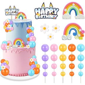 63 Pcs Blue Dog Cake Toppers with Balls & Flowers - Boho Rainbow Cake Decoration for Birthday, Wedding, Groovy Hippie Party Supplies