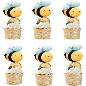 24Pcs Bee Cupcake Toppers, Bee Party Decorations for Baby Shower Oh Babee Themed Birthday Toppers Picks Party Supplies