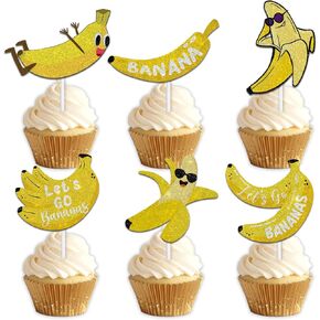 18pcs Yellow Glitter Fruit Banana Dessert Cupcake Topper Pick for Let’s Go Banana Theme Decor Supplies Baby Shower Men Women Boys Girls Happy Birthday Party Decorations