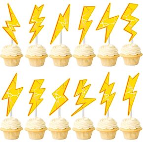 Lightning Cupcake Toppers 24Pcs Flash Cake Decorations Gold Lightning Weather Party Decorations Lightning Cupcake Picks Yellow Lightning Birthday Party Decorations for Baby Shower Supplies
