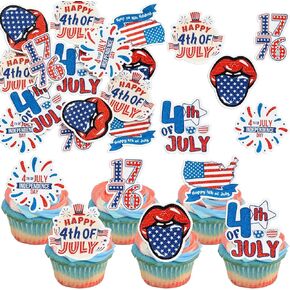 Ephlyn 54Pcs 4th of July Edible Cupcake Toppers American Flag Patriotic Cake Decorations Wafer Paper USA Independence Day for July 4th Party Supplies Blue Red White
