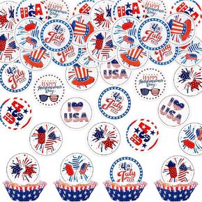 CHOIEO 56 Pcs 4th of July Edible Cupcake Toppers, American Flag Patriotic Cake Decorations, Wafer Paper USA Independence Day Red White and Blue Picks for July 4th Party Supplies (Style 2)
