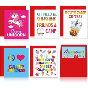 6 Sets Camp Greeting Card with Envelopes Sweet Camp Notes 6 Designs Postcards Summer Stationary for Kids Boys Girls,Friends,Family,Groups,Clubs