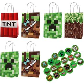 The new 48pc pixel Party Gift Bags （24pcs paper bags and 24pcs stickers）,Gift Bags Party Supplies for Kids Cute DIy Themed Party, Birthday Decoration Gift Bags Well