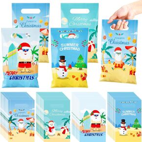Geyoga 48 Pcs Summer Christmas Party Favors Bags Bulk Hawaii Tropical Christmas Candy Goodie Treat Plastic Bags with Handle for Tropical Summer Party Favor Supplies Decoration