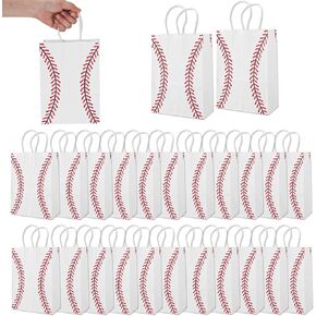 Tinoaly 24pcs Baseball Party Snack Bags, 8.27x5.91x3.15in Sturdy Paper Baseball Gift Goodie Bags with Handles for Sports Theme Party Game Day Supplies