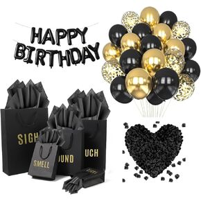 YIXAXKAO 5 Senses Gift Bags Five Senses Birthday Decorations with Tissue Paper Black Handle Paper Bags Happy Birthday Banner Balloon Party Decor for Him Husband Boyfriend (Black Silver)