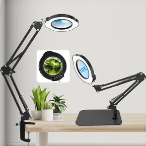10X Desk Magnifying Glass with Light and Stand,Real Glass LED Lighted Magnifier,5 Color Modes Stepless Dimmable,Hands Free Metal Desk Lamp for Craft Reading Painting Hobby Close Work