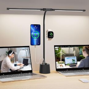 LED Desk Lamp 2600 Lumens 12W, Dual Head Table Lamp with 10W Smart Dual USB Charging Port, Adjustable &Dimmable Office Light for Home, Study, Bedroom (Black, Adapter Included)