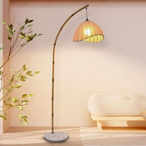 Bamboo Floor Lamp Bohemian Hanging Arc Floor Lamp with 3 Color Temperatures Linen Lampshade Standing Lamps Antique Rattan Style Retro Bamboo Tall Lamp for Living Room Farmhouse Bedroom