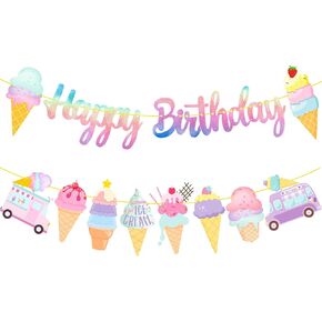 Ice Cream Birthday Party Banners Ice Cream Theme Decorations Colorful Happy Birthday Banners for Summer Theme Sweet Two Party Baby Shower Supplies